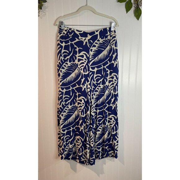 Rose + Olive Womens Elastic Waist Blue & White Tropical Print Wide-Leg Pants SzM - Picture 1 of 15